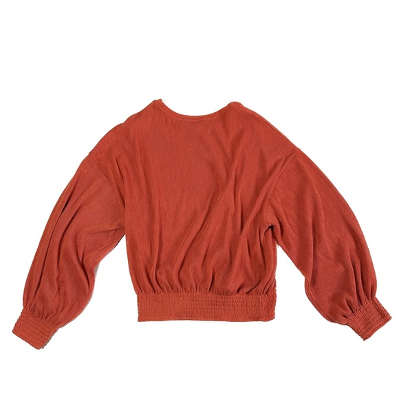 Zara Long Sleeve Drop Shoulder Crew Neck Knit Sweater Orange Sz M Shirred Waist - Picture 2 of 3